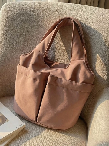 Women's Large Capacity Nylon Handbag Lightweight Multi Pocket Tote Bag Versatile Casual Commuting Style Bucket Bag