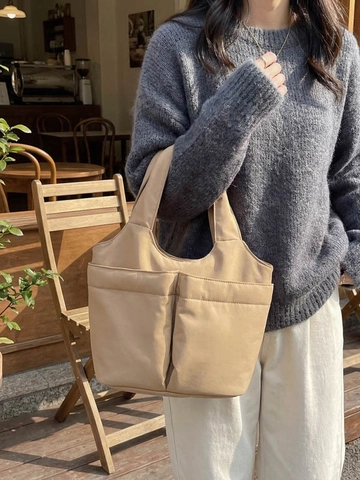 Women's Large Capacity Nylon Handbag Lightweight Multi Pocket Tote Bag Versatile Casual Commuting Style Bucket Bag