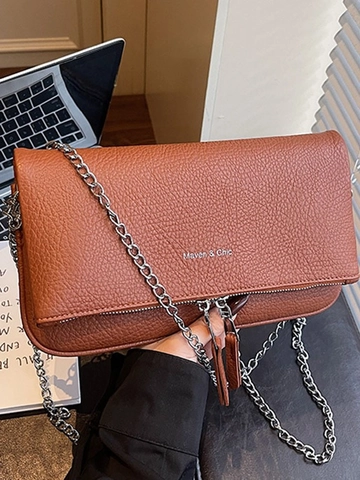 Women French Minimalist PU Leather Crossbody Bag Litchi Grain Small Square Shoulder Bag With Silver Metal Chain Tassel Zipper