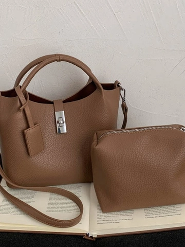 Sac Seau pour Femme en Cuir PU Texture Litchi Serrure Argent Sac Bandoulière Avec Pochette Ensemble Deux Pièces pour Le Quotidien