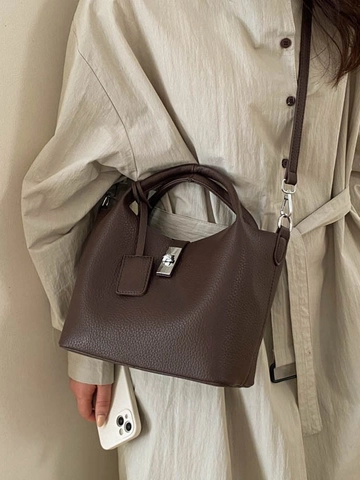 Sac Seau pour Femme en Cuir PU Texture Litchi Serrure Argent Sac Bandoulière Avec Pochette Ensemble Deux Pièces pour Le Quotidien