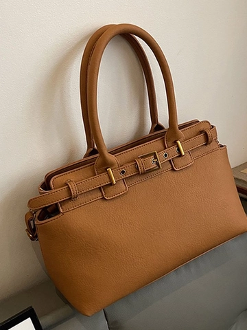 Vintage PU Leather Large Capacity Tote Bag Women Office Daily Shoulder Crossbody Bag With Decorative Metal Buckle