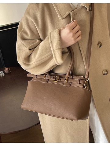 Vintage PU Leather Large Capacity Tote Bag Women Office Daily Shoulder Crossbody Bag With Decorative Metal Buckle