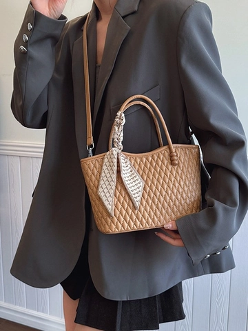 Bolso de Mano Retro Acolchado de Cuero PU para Mujer Con Decoración de Pañuelo de Satén Elegante Bolso Bandolera para Diario