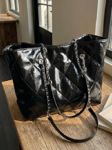 Grand Sac Cabas Matelassé Brillant pour Femmes en Cuir PU Sac à Bandoulière Avec Chaîne Style Vintage pour Bureau Trajet Quotidien