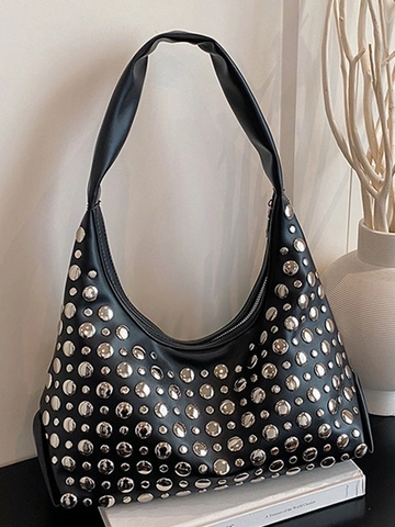 Bolso Hobo de Cuero PU con Tachuelas para Mujer Punk Vintage Remache Bolso de Hombro Gran Capacidad Color Sólido Bolso Informal