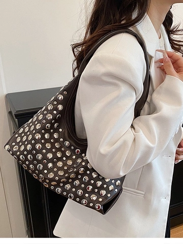 Bolso Hobo de Cuero PU con Tachuelas para Mujer Punk Vintage Remache Bolso de Hombro Gran Capacidad Color Sólido Bolso Informal