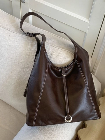 Grand Sac Fourre-tout en Cuir PU pour Femme Vintage Surpiqûres Contrastées Sac Hobo Bandoulière Avec Anneau Métallique Sangle Réglable