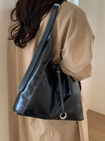 Grand Sac Fourre-tout en Cuir PU pour Femme Vintage Surpiqûres Contrastées Sac Hobo Bandoulière Avec Anneau Métallique Sangle Réglable