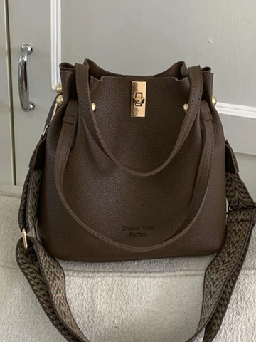 Vintage Damen PU Leder Beuteltasche Große Kapazität Litschi Textur Umhängetasche Mit Breitem Geometrisch Gemustertem Webband Gurt