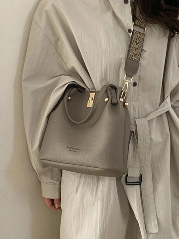 Vintage Damen PU Leder Beuteltasche Große Kapazität Litschi Textur Umhängetasche Mit Breitem Geometrisch Gemustertem Webband Gurt
