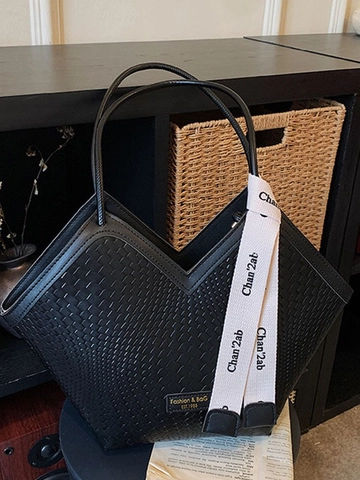 Dames Geweven Textuur Tote Bag V-Vorm Schoudertas Grote Capaciteit PU Leer Pendelaar Handtas Met Letternlint