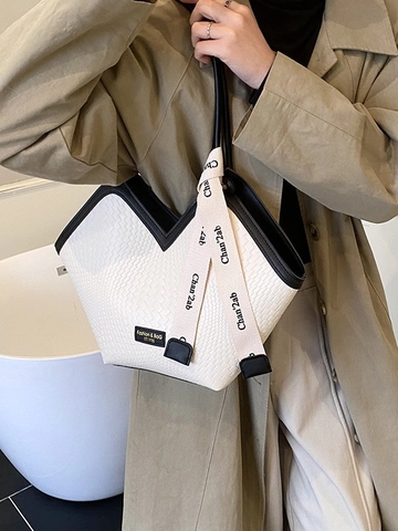 Dames Geweven Textuur Tote Bag V-Vorm Schoudertas Grote Capaciteit PU Leer Pendelaar Handtas Met Letternlint