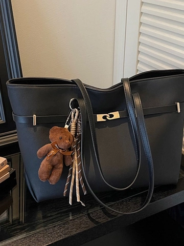 Large Capacity PU Leather Tote Bag With Plush Bear Charm Stylish Retro Versatile Shoulder Bag For Women Daily Work Travel