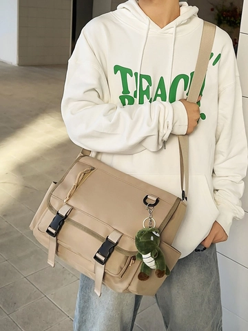 Women Large Capacity Water Repellent Nylon Messenger Bag Utility Style Crossbody Bag With Dinosaur Pendant Daily Shoulder Bag