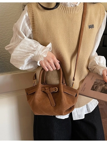 Borsa a Secchiello Vintage in Pelle PU Opaca Donna Grande Capacità Trapuntata a Rombi Borsa a Mano Tracolla Con Fibbia Decorativa