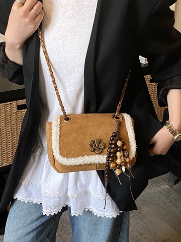 Bolso de Hombro de Gamuza Retro para Mujer con Borde de Peluche Cierre de Flor de Metal y Borla de Cuentas de Madera