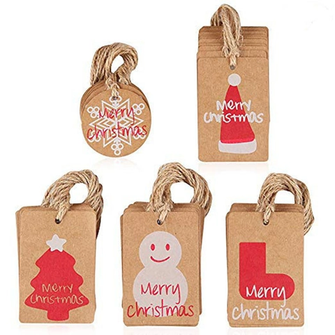 Etiquetas de Regalo de Navidad de Papel Kraft Vintage Con Cuerda de Yute Gorro de Papá Noel Muñeco de Nieve Copo de Nieve