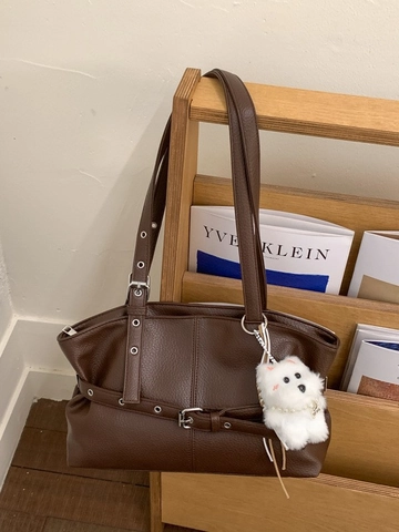 Women's Vintage Large Capacity Shoulder Bag Lychee Grain PU Leather Tote Bag With Decorative Belt Buckle And Plush Puppy Pendant