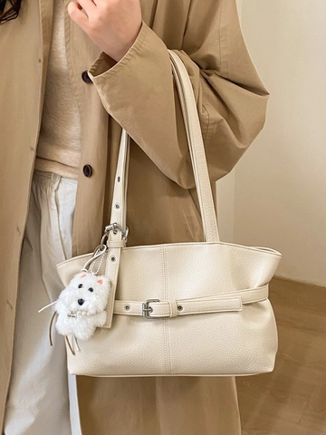 Women's Vintage Large Capacity Shoulder Bag Lychee Grain PU Leather Tote Bag With Decorative Belt Buckle And Plush Puppy Pendant