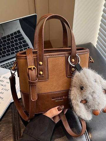 Borsa a Secchiello in Pelle PU a Contrasto Vintage per Donna Borsa a Tracolla Piccola Casual Retrò Con Pendaglio a Coniglio
