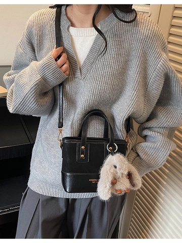 Borsa a Secchiello in Pelle PU a Contrasto Vintage per Donna Borsa a Tracolla Piccola Casual Retrò Con Pendaglio a Coniglio