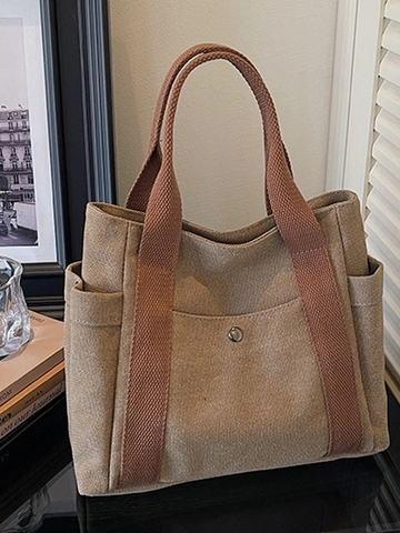 Women Large Capacity Canvas Tote Bag Casual Handbag Contrast Color Shoulder Bag With Multi Pockets For Commuting School Travel