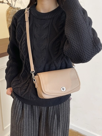 Bolso Bandolera para Mujer de Estilo Francés en Cuero PU Grano de Lichi Bolso de Hombro Cuadrado Pequeño Minimalista Con Cierre Giratorio Plateado