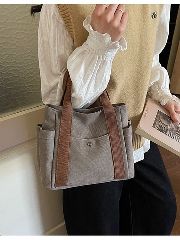 Women Large Capacity Canvas Tote Bag Casual Handbag Contrast Color Shoulder Bag With Multi Pockets For Commuting School Travel