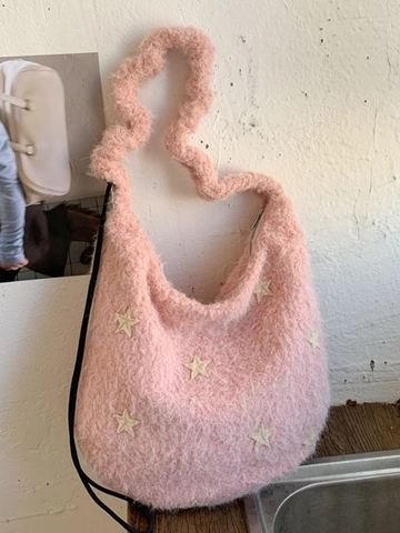Sac à Épaule en Peluche de Style Japonais pour Femmes Fausse Fourrure Douce Motif Étoile Grande Capacité Sac Hobo Décontracté