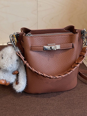 Vintage PU Leather Litchi Pattern Bucket Bag With Braided Handle Turn Lock Shoulder Strap Crossbody Handbag Women Fashion