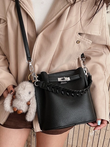 Vintage PU Leather Litchi Pattern Bucket Bag With Braided Handle Turn Lock Shoulder Strap Crossbody Handbag Women Fashion