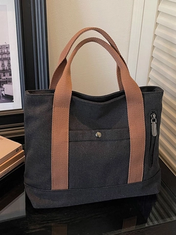 Borsa Tote in Tela Grande Capacità Donna Minimalista Casual Borsa a Mano Manici a Contrasto Multi Tasche Lavoro Viaggio