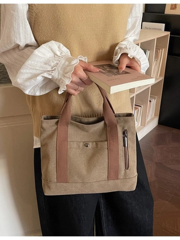 Borsa Tote in Tela Grande Capacità Donna Minimalista Casual Borsa a Mano Manici a Contrasto Multi Tasche Lavoro Viaggio