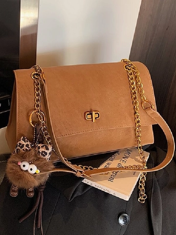 Borsa a Tracolla da Donna Vintage in Pelle PU Con Catena Cartella Minimalista Chiusura a Scatto Con Pendente Mostro Peluche