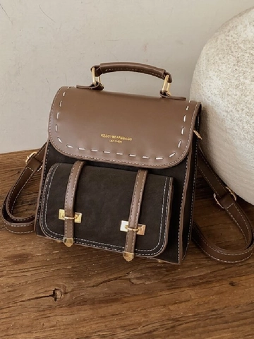 Mini Mochila Retro para Mujer Costuras en Contraste Cuero PU Bolso Pequeño Vintage Bloque de Color Bolso de Escuela Moda Mochila de Viaje
