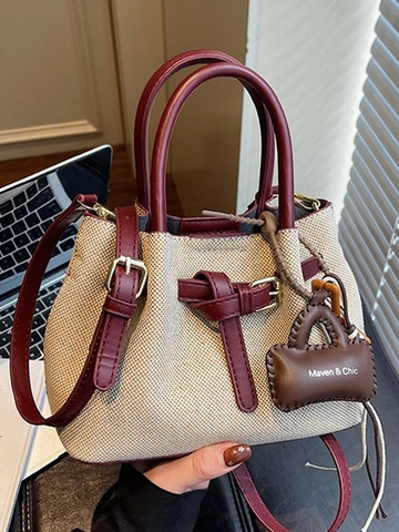 Women Contrast Color Canvas Bucket Bag Vintage Splicing Leather Handbag Crossbody Shoulder Bag With Mini Charm