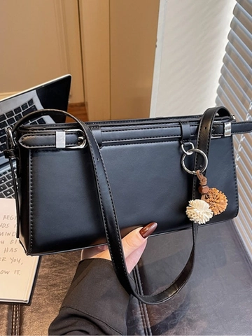 Vintage Women PU Leather Baguette Bag Solid Color Shoulder Crossbody Bag With Plush Ball Charm Metal Buckle Versatile Bag