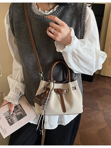 Women Contrast Color Canvas Bucket Bag Vintage Splicing Leather Handbag Crossbody Shoulder Bag With Mini Charm