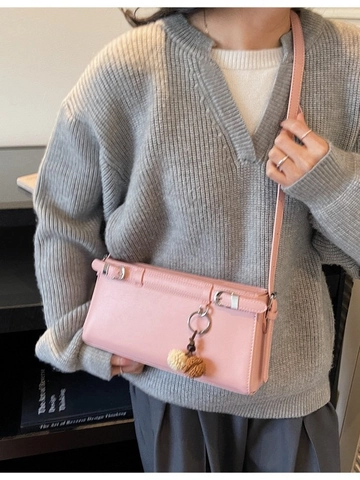 Vintage Women PU Leather Baguette Bag Solid Color Shoulder Crossbody Bag With Plush Ball Charm Metal Buckle Versatile Bag
