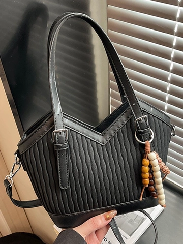 Borsa a Secchiello in Pelle PU Plissettata Vintage per Donna Scollo a V Pendolare Tracolla Con Ciondolo in Perline di Legno