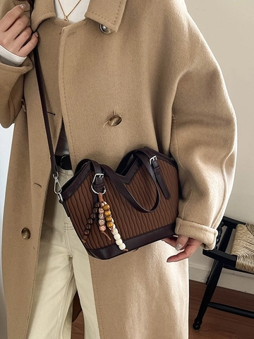 Borsa a Secchiello in Pelle PU Plissettata Vintage per Donna Scollo a V Pendolare Tracolla Con Ciondolo in Perline di Legno