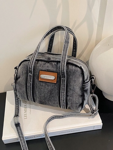 Borsa a Mano Boston in Denim Lavato Vintage Con Finiture in Ecopelle Tracolla Regolabile Retro Casual Street Style Donna