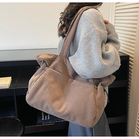 Bolso Tote de Pana de Gran Capacidad para Mujer Minimalista Color Sólido Casual Bolso de Hombro con Cordón Lateral Diario