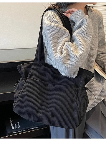 Damen Große Kapazität Cord Tote Tasche Japanischer Retro Lässige Umhängetasche Mit Seitlichem Kordelzug Für Studenten