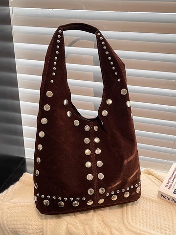 Sac à Bandoulière Rétro à Rivets pour Femmes Grande Capacité Aspect Daim en Cuir PU Sac Hobo Bohème Casual Tote Sac de Navette