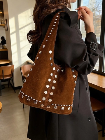 Sac à Bandoulière Rétro à Rivets pour Femmes Grande Capacité Aspect Daim en Cuir PU Sac Hobo Bohème Casual Tote Sac de Navette