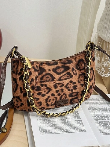 Vintage Wildlederimitat Leopardenmuster Schultertasche Für Damen Retro Goldkette Unterarmtasche Mit Perlenanhänger Umhängetasche