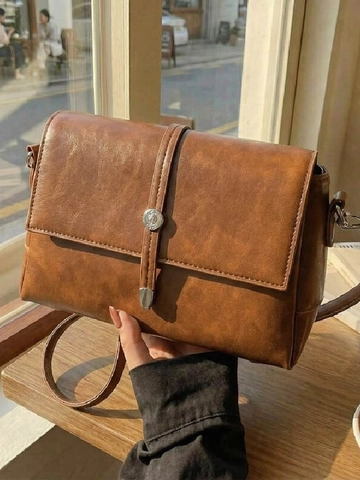 Women Vintage PU Leather Shoulder Bag Small Square Crossbody Bag With Flip Cover Circular Buckle Casual Messenger Bag
