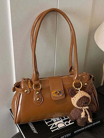 Borsa a Spalla in Pelle PU Lucida Retro per Donna Grande Capacità Borsa a Mano a Cuscino Con Ciondolo a Orsetto
